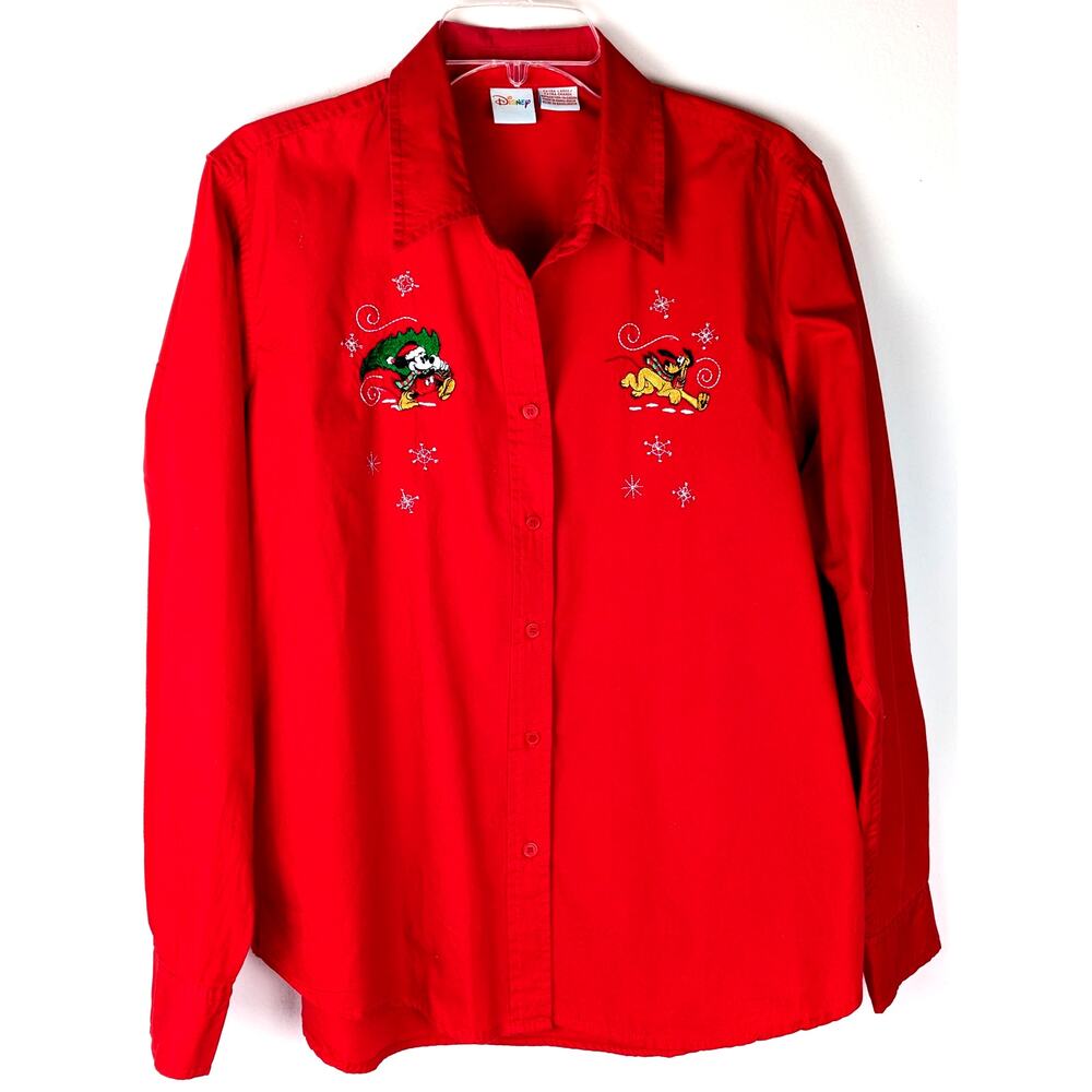 Vintage Disney Christmas Shirt XL Red Embroidered Mickey Mouse Pluto Snowflakes